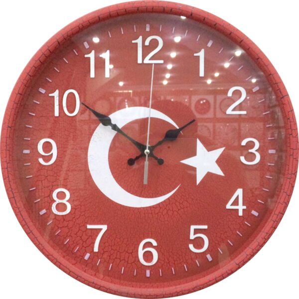 3011 Deri Desen Kırmızı Bayraklı Ayetli Duvar Saati 35 cm — 3011 Deri Desen Ayetli Saatler